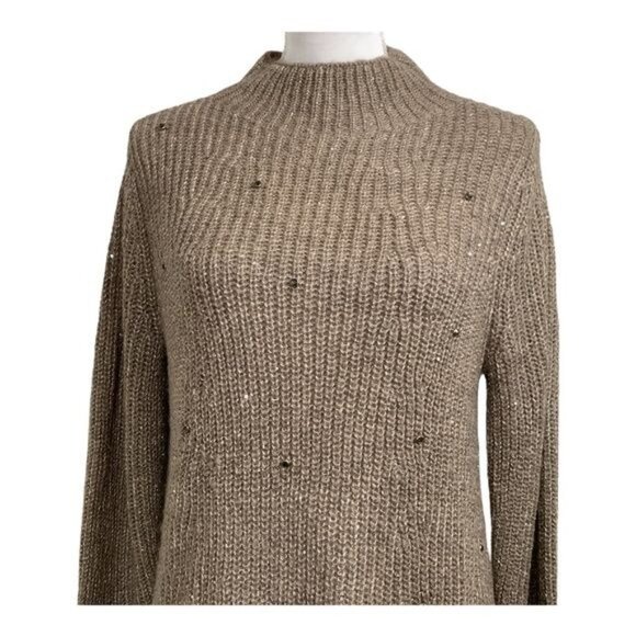 Chico’s Size 1 (M) Brown Chunky Knit Mock Neck Sequin Sweater ✨ Cozy Fall - Picture 2 of 9